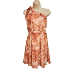 Kit Sky One Shoulder Mini Dress Floral Chiffon Orange Small